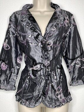Y2K Silver BLAZER Pink Ribbon Embroidered Size Large FAIRY Whimsigoth Steampunk